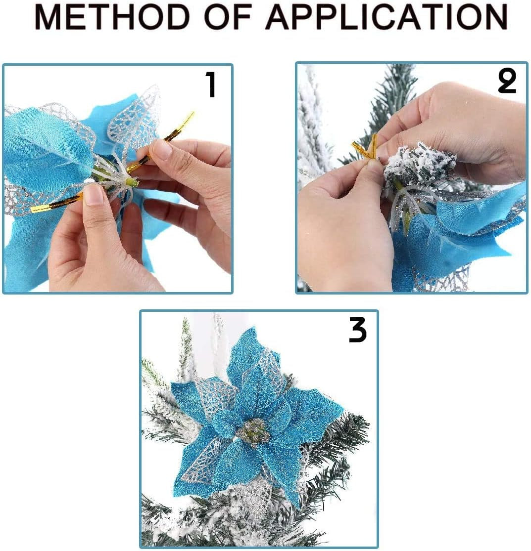 (Pack of 12) Glitter Poinsettia Christmas Tree Ornaments,Christmas Decorations Flower (Orange)