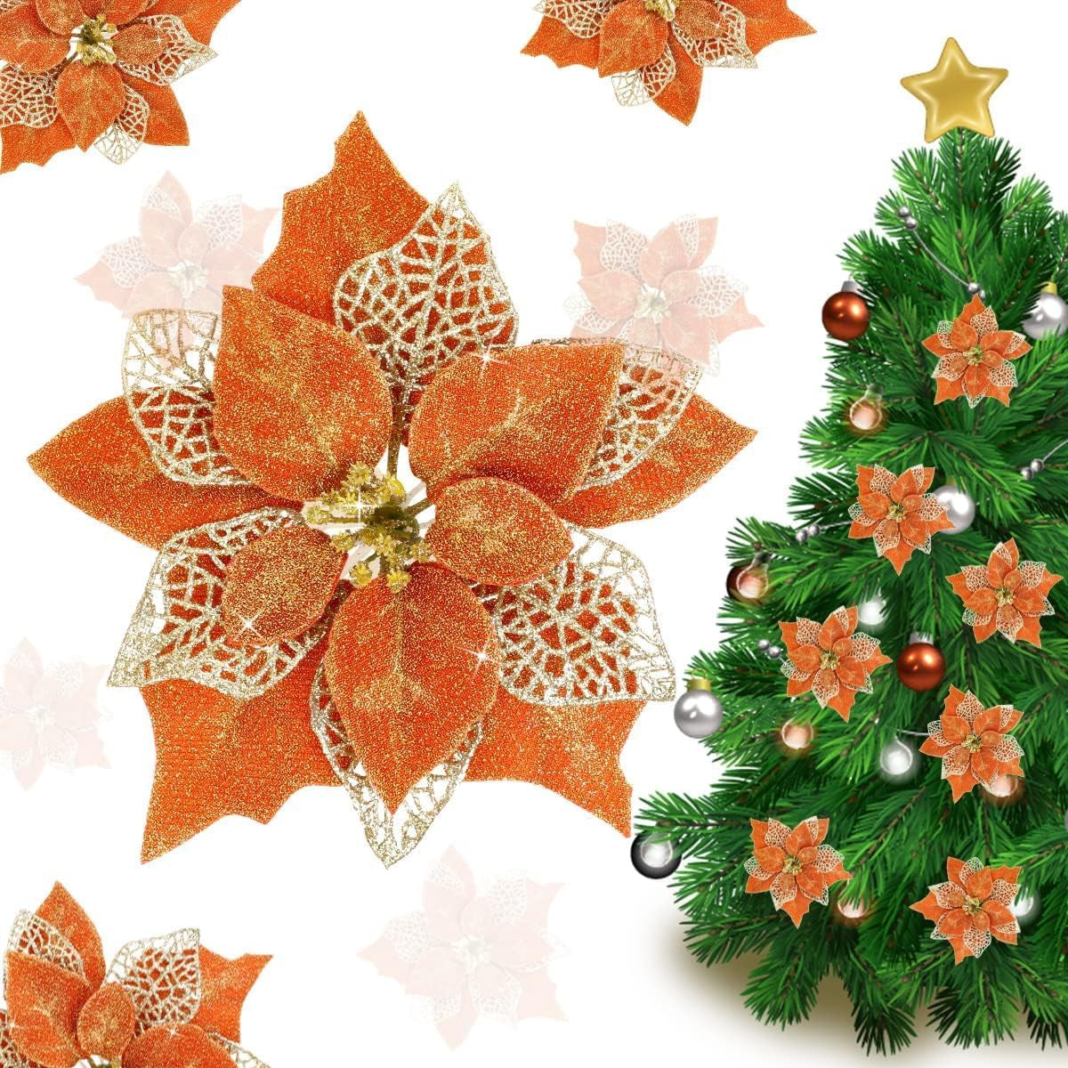 (Pack of 12) Glitter Poinsettia Christmas Tree Ornaments,Christmas Decorations Flower (Orange)