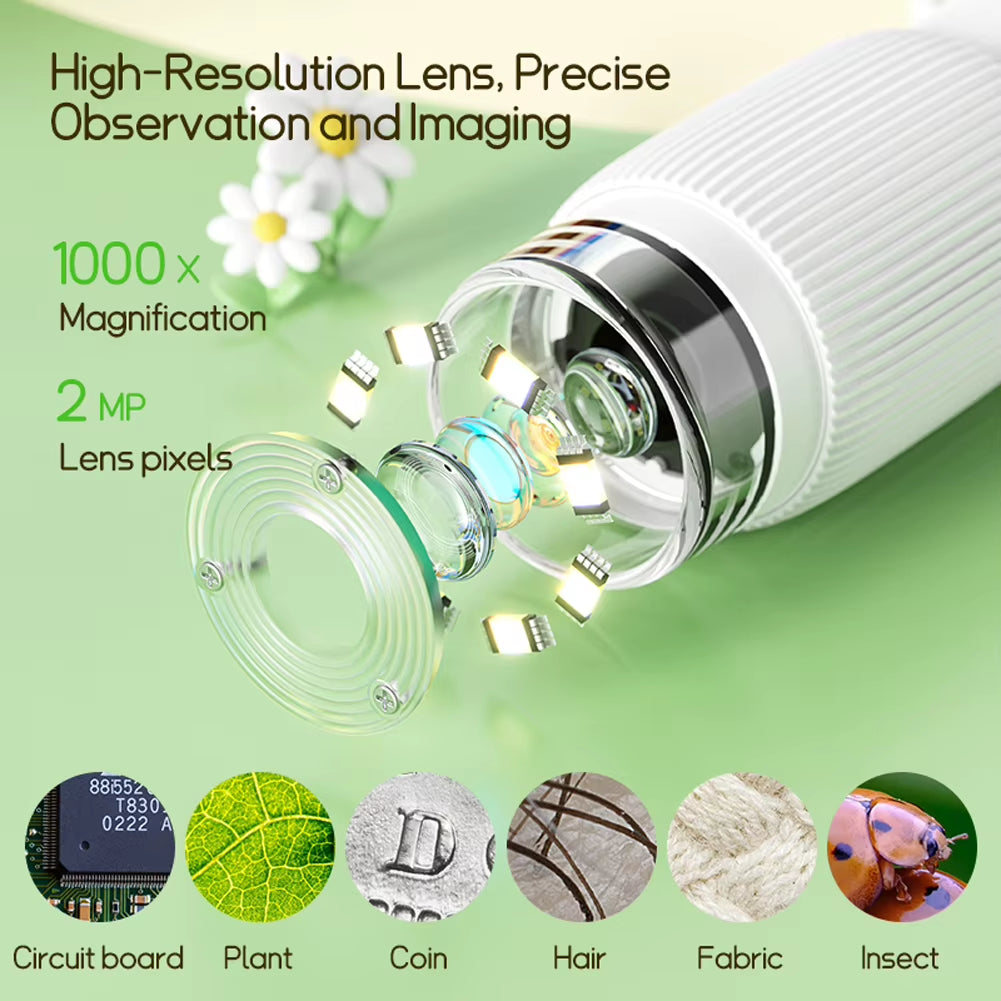 1000X Lab Digital Microscopes Equipment with 8 LED Light Electronic Magnifier Camera 2 Inch IPS Screen Mini Portable Microscopes