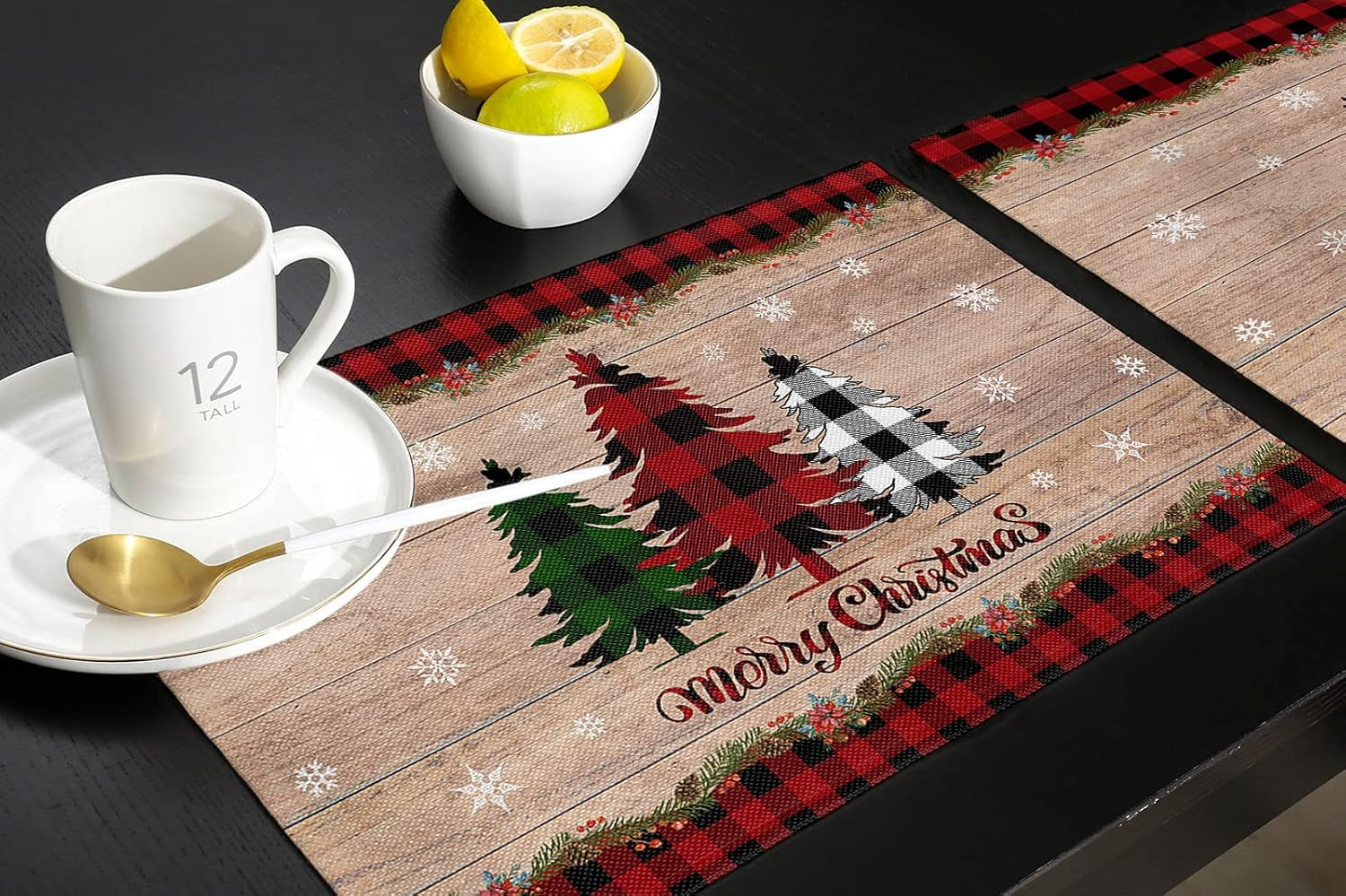 Merry Christmas Placemats Set of 6,Cotton Linen Table Mats Non-Slip Washable Buffalo Plaid Farm Xmas Tree Snowflake Pine Tree Placemat for Holiday Party Dining Kitchen Table Decor
