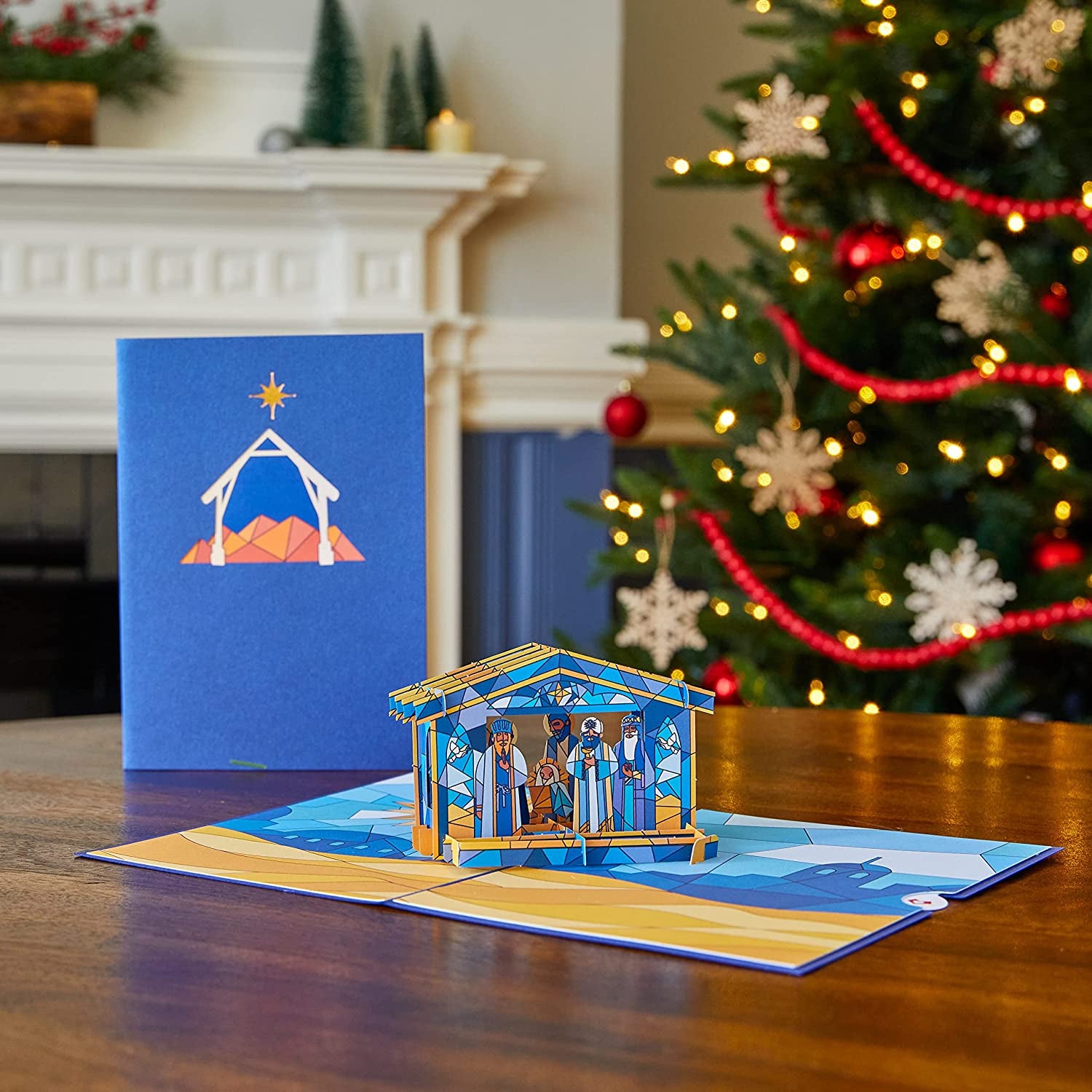 Christmas Pop-Up Card for Her and Him - 3D Holiday Greeting Cards for Boys, Girls, Men, Women - Stained Glass 5" X 7" Nativity Scene - Blank Note Card & Envelope Included