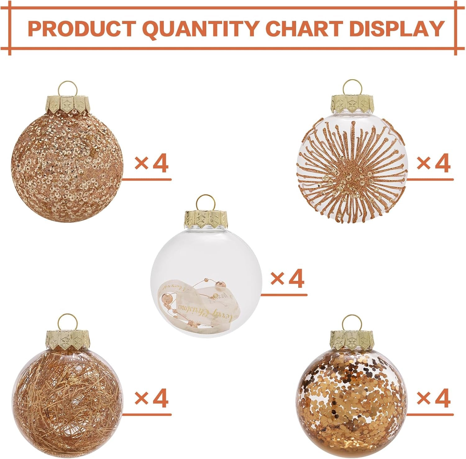 70MM/2.76" Christmas Ornaments Set, 20PCS Shatterproof Decorative Hanging Ball Ornament with Stuffed Delicate Decorations, Clear Rustic Xmas Tree Balls for Holiday Party- Champagne Gold.