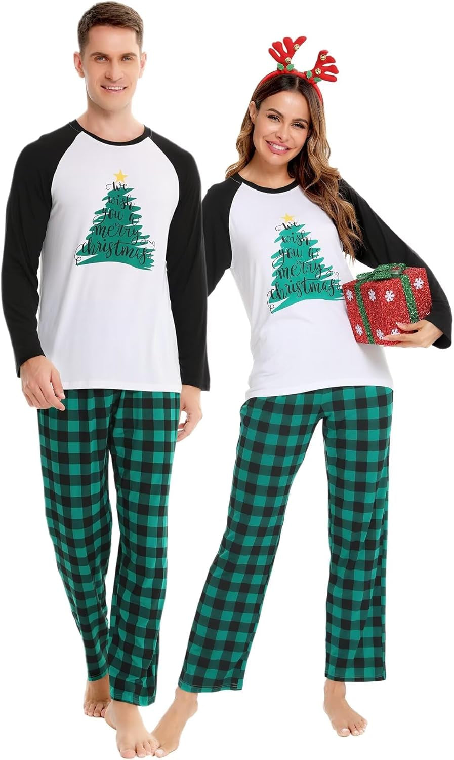 Matching Couples Christmas Pajamas Set Women & Men Plaid Pants Loungewear and Printed Long Sleeve Pjs Top