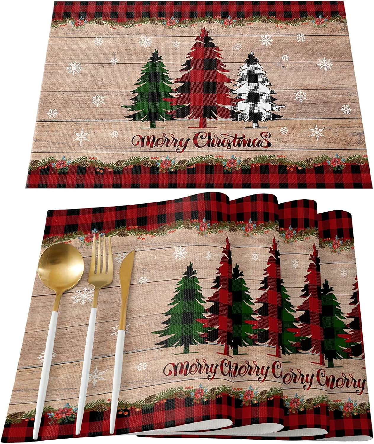 Merry Christmas Placemats Set of 6,Cotton Linen Table Mats Non-Slip Washable Buffalo Plaid Farm Xmas Tree Snowflake Pine Tree Placemat for Holiday Party Dining Kitchen Table Decor