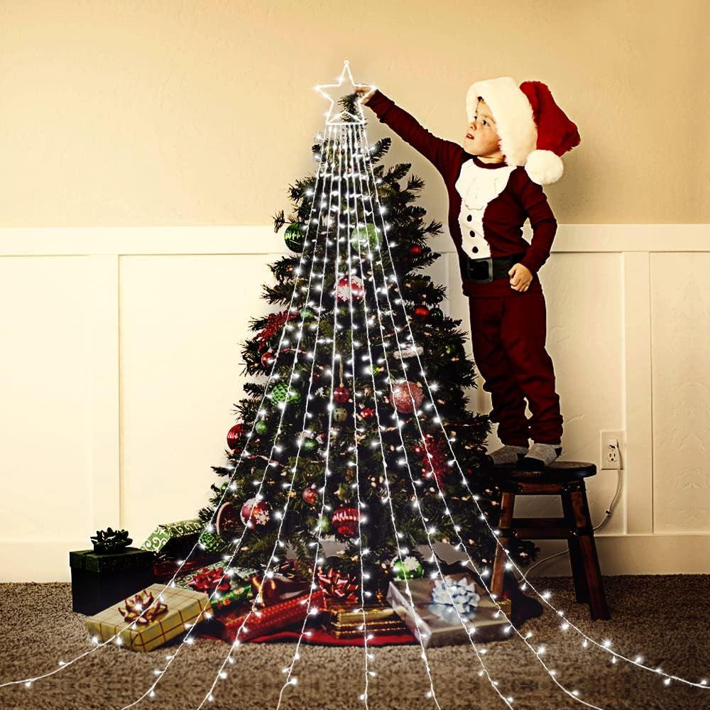 Outdoor Christmas Star Lights 320 LED Waterfall Christmas Tree Lights 8 Lighting Modes Outdoor Christmas Decorations Star String Lights for outside Tree Wall Yard Xmas Wedding Party (White)